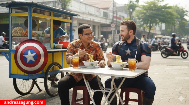 Prompt AI, Makan Mie Ayam Bareng Captain America di Pinggir Jalan